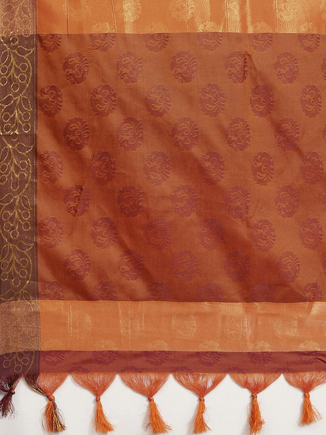 Women's Art Silk Orange & Maroon Woven Design Saree With Blouse Piece - Ishin - Indiakreations