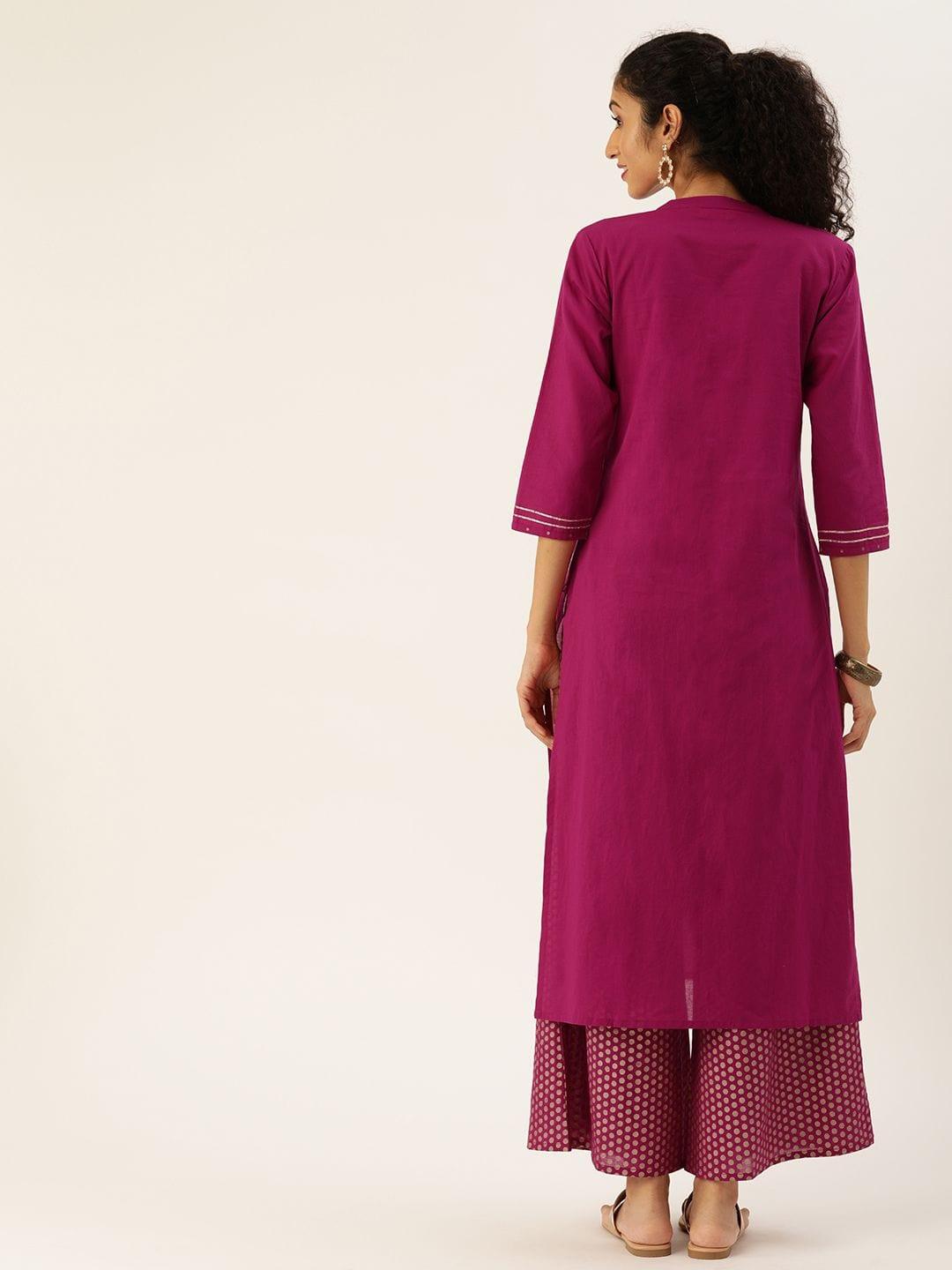 Women Magenta & White Printed Kurta With Palazzos - Indiakreations