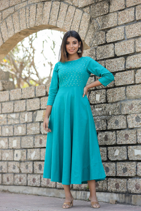 Women's Green Solid Sequin Anarkali Kurta - KAAJH