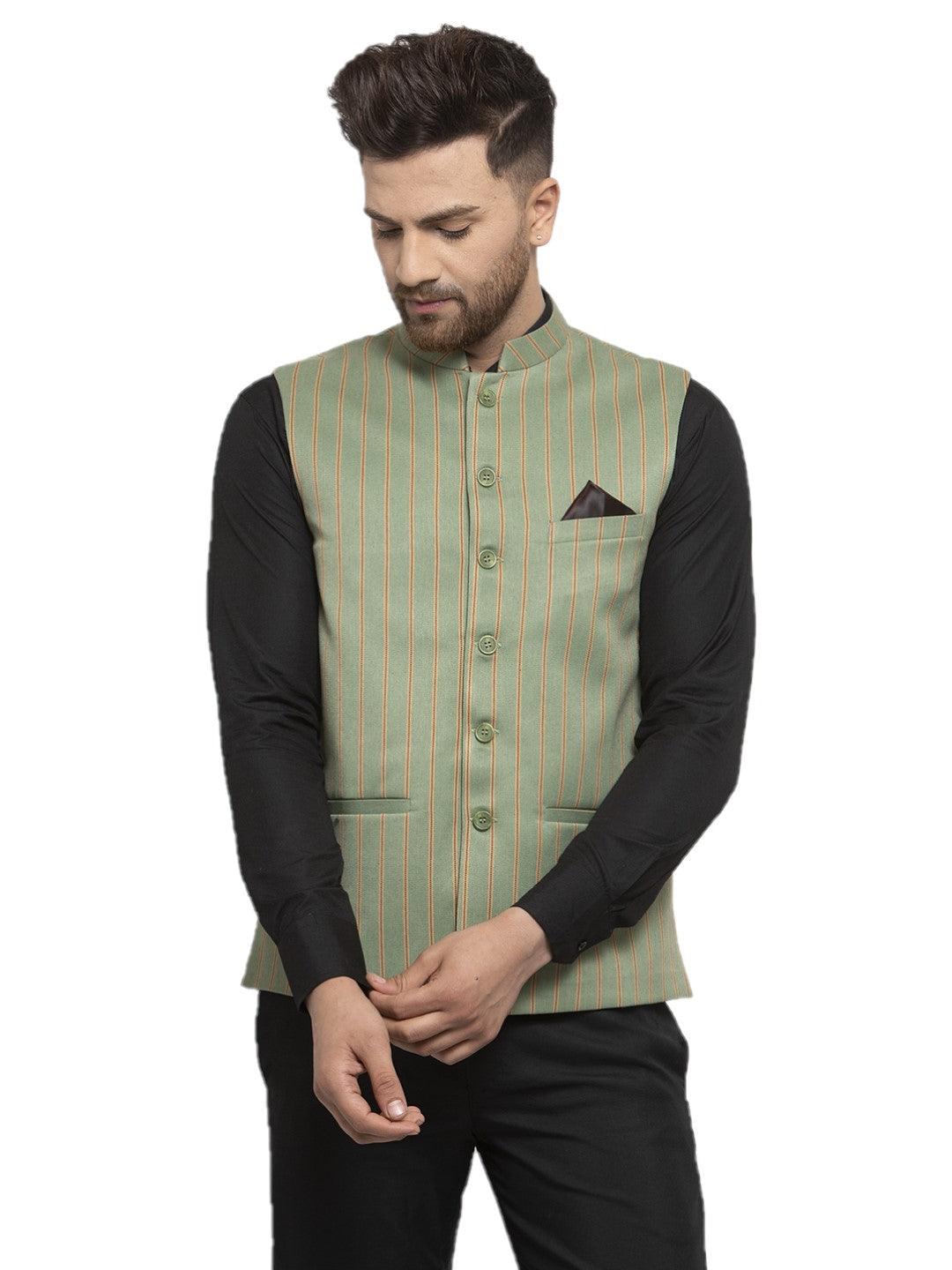 Men's Dhrohar Checkered Poly Wool Nehru Jacket / Waistcoat - Lime Green - Size - 38 - Neudis Men - Indiakreations