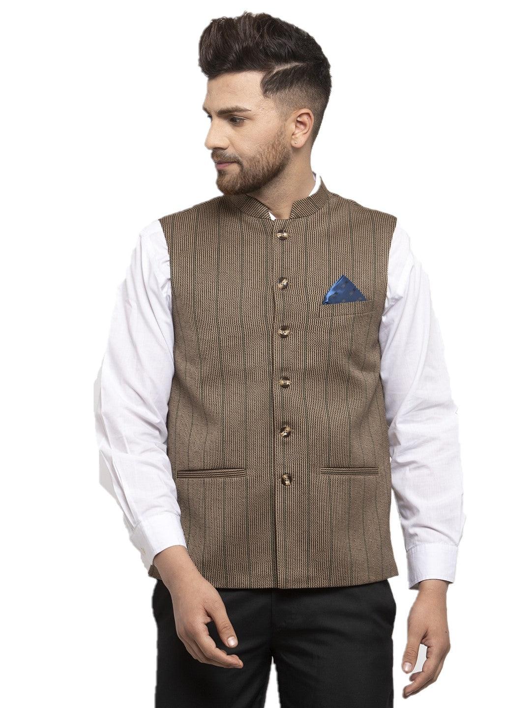 Men's Dhrohar Checkered Wool Nehru Jacket / Waistcoat - Olive - Size - 38 - Neudis Men - Indiakreations