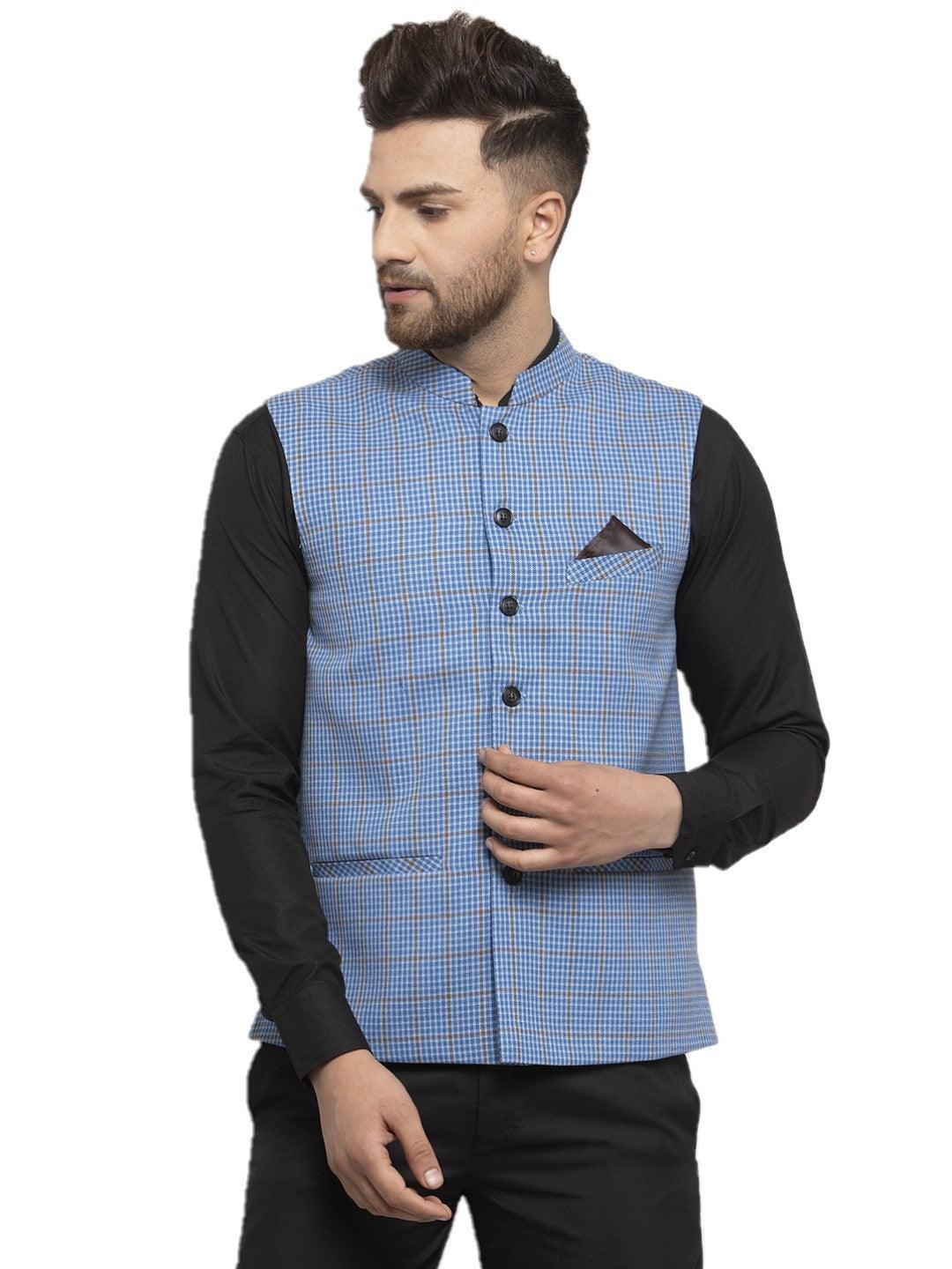 Men's Dhrohar Checkered Wool Nehru Jacket / Waistcoat - Blue - Size - 38 - Neudis Men - Indiakreations