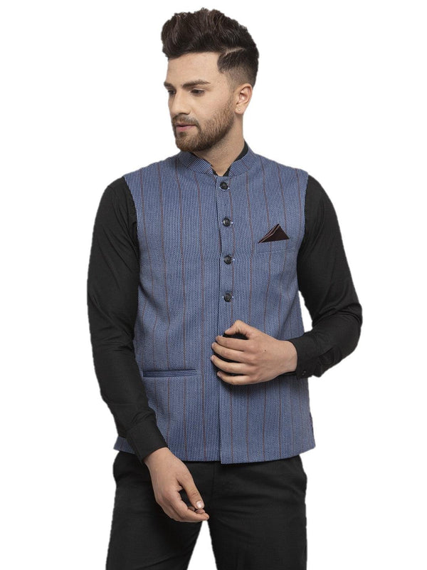 Men's Dhrohar Checkered Wool Nehru Jacket / Waistcoat - Navy Blue - Size - 38 - Neudis Men - Indiakreations