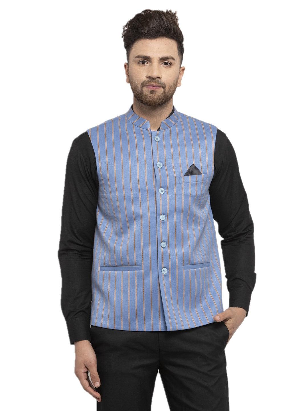 Men's Dhrohar Checkered Wool Nehru Jacket / Waistcoat - T Blue & Yellow - Size - 38 - Neudis Men - Indiakreations