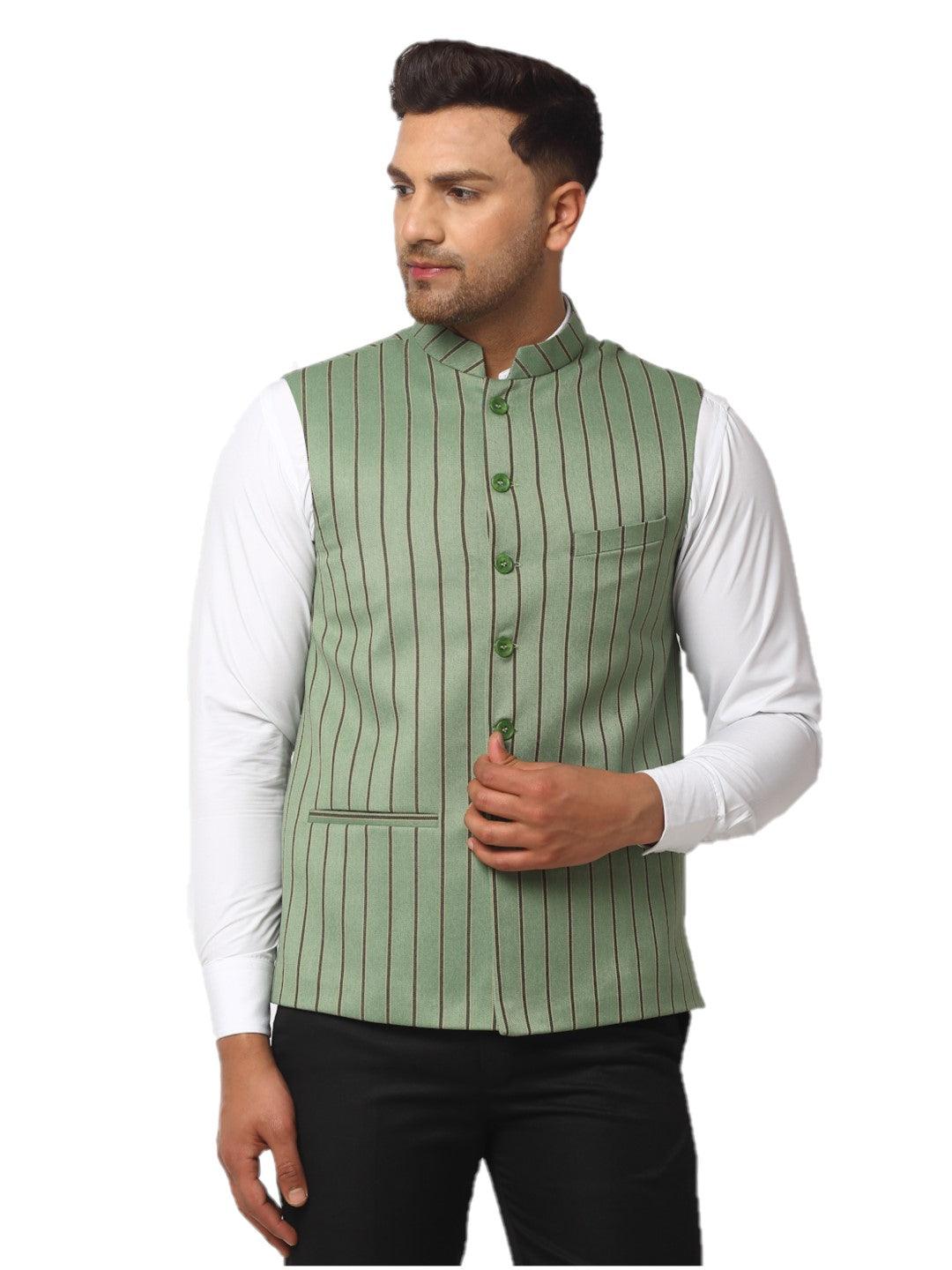 Men's Dhrohar Striped Wool Nehru Jacket / Waistcoat - Green - Size - 38 - Neudis Men - Indiakreations