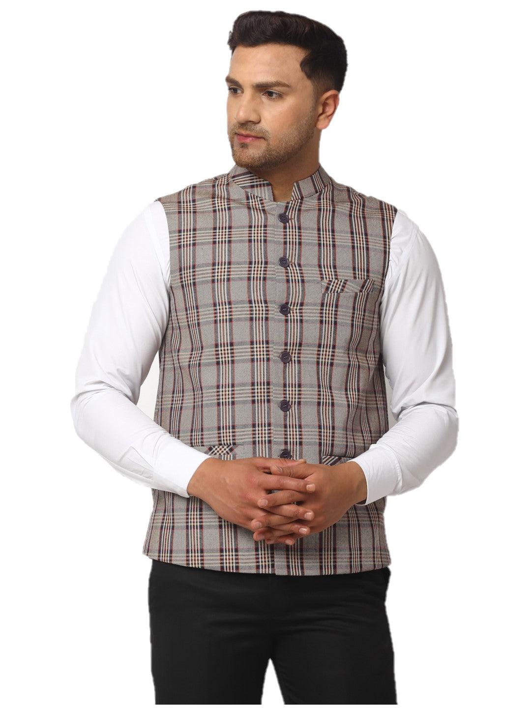 Men's Dhrohar Check Wool Nehru Jacket / Waistcoat - Brown - Size - 38 - Neudis Men - Indiakreations