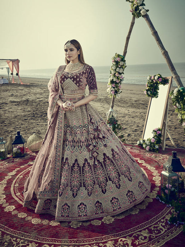 Graceful Chocolate Designer Unstitched Lehenga Paired With Authentic net Dupatta