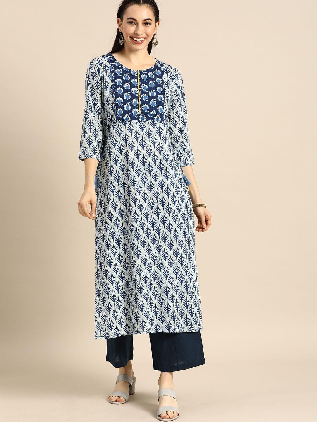 Blue & Yellow Ethnic Motifs Printed Indigo Kurta - Indiakreations