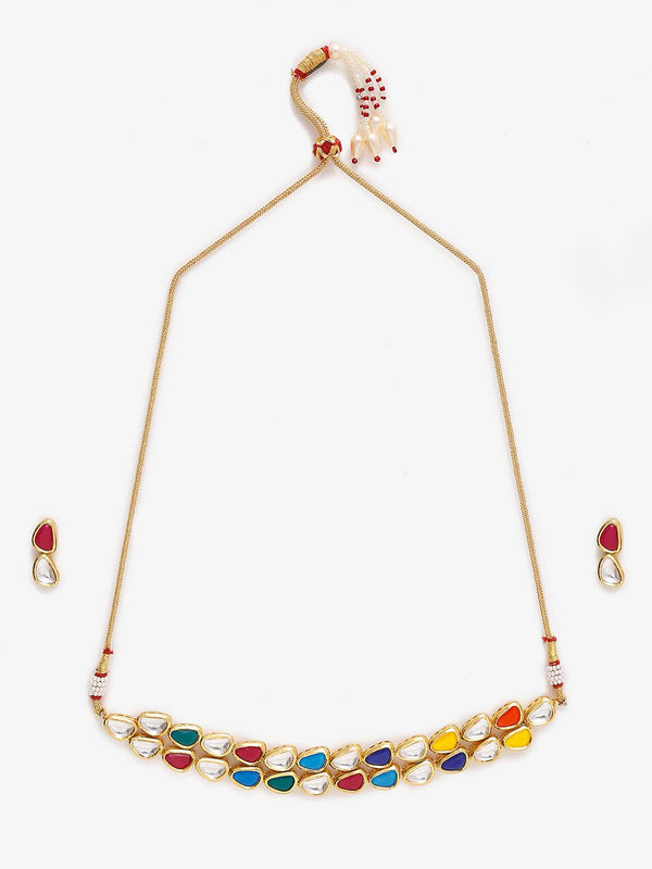 Women's Multi Kundan Choker With Earrings - Ruby Raang - Indiakreations