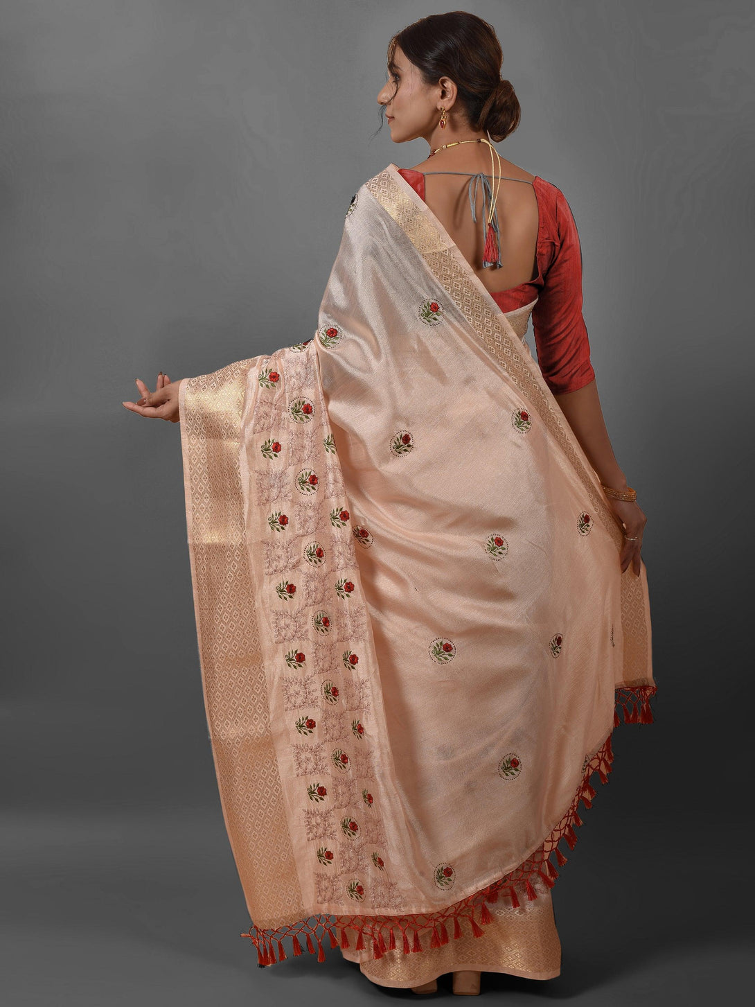 Trendy Peach Poly Silk Floral Embroidered Saree - Indiakreations
