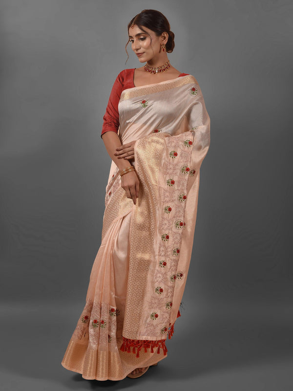 Trendy Peach Poly Silk Floral Embroidered Saree - Indiakreations