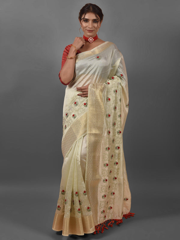 Latest Designer Cream Poly Silk Floral Embroidered Saree - Indiakreations