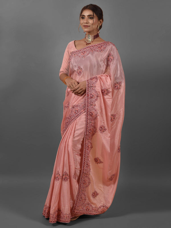Stylish Floral Embroidered Satin Saree In Pink - Indiakreations