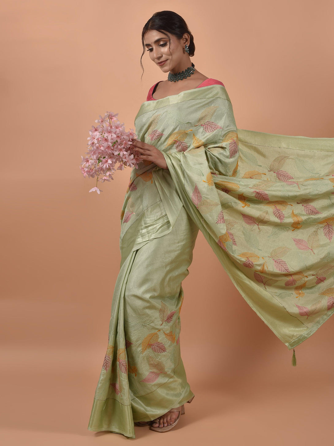 Wedding Wear Green Floral Embroidered Satin Saree - Indiakreations
