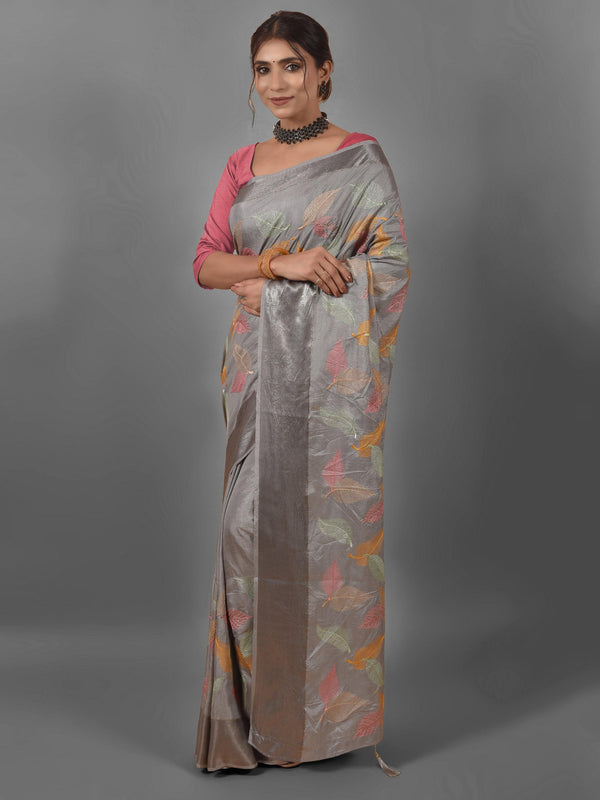 Fancy Grey Floral Embroidered Satin Saree - Indiakreations