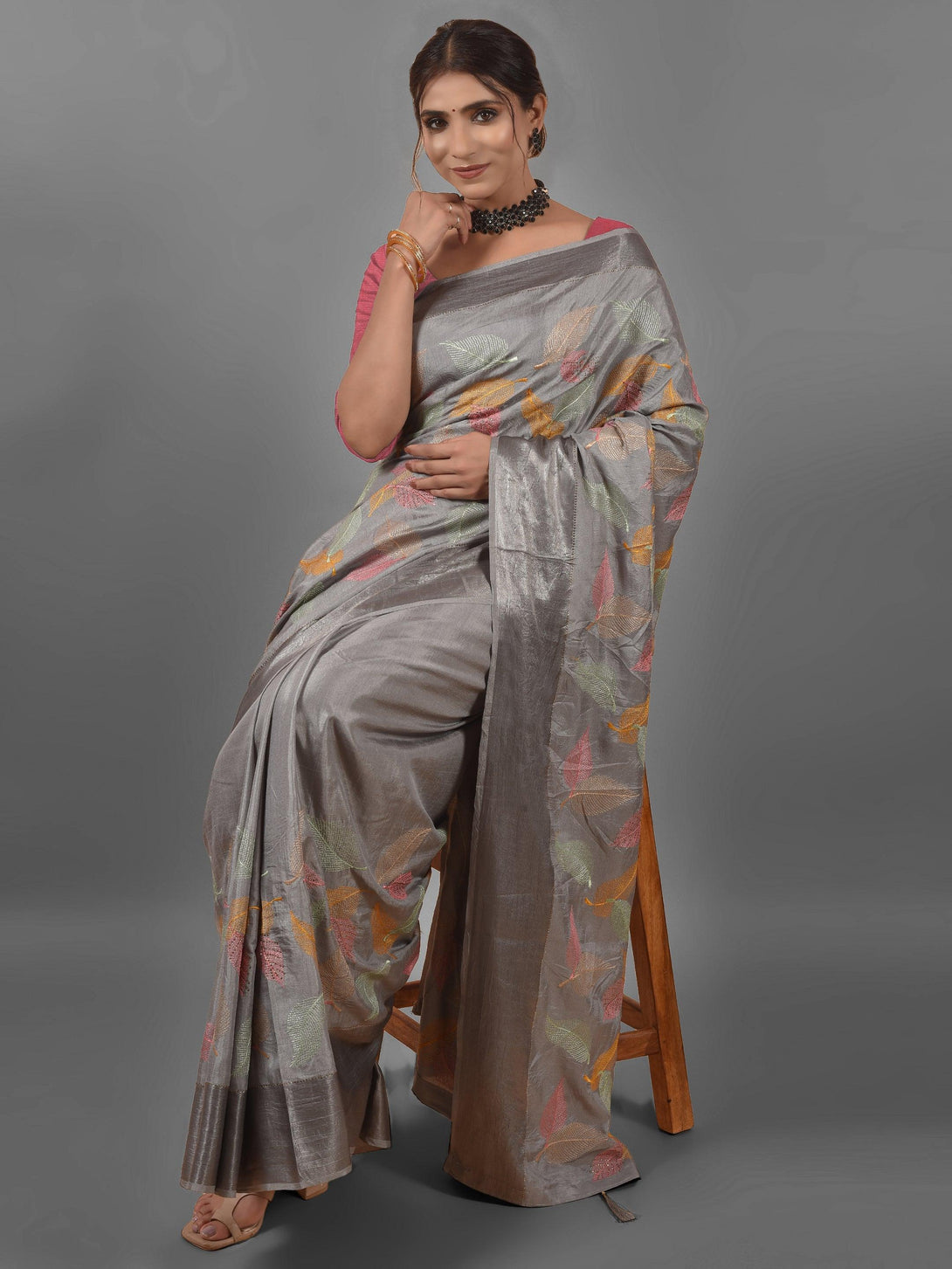 Fancy Grey Floral Embroidered Satin Saree - Indiakreations