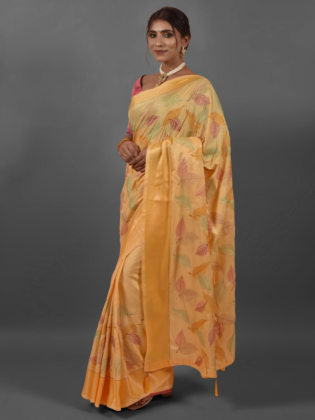 Classic Floral Embroidered Mustard Satin Saree - Indiakreations