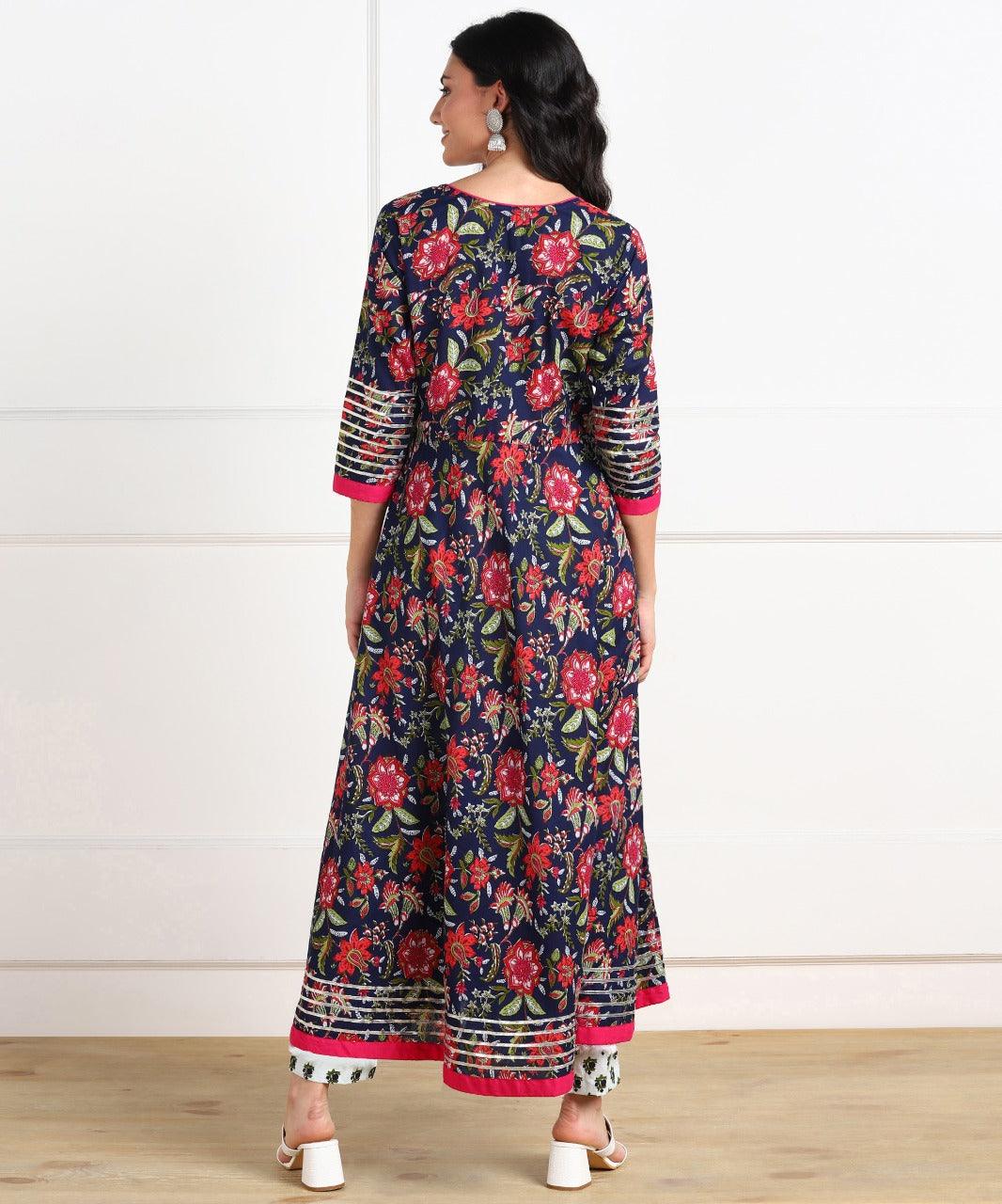 Women's Floral Print Cotton Poly Silk Stitched Anarkali Gown (Blue) 1Pc - Noz2Toz - Indiakreations