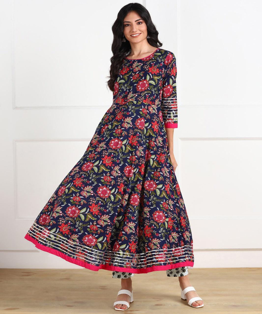 Women's Floral Print Cotton Poly Silk Stitched Anarkali Gown (Blue) 1Pc - Noz2Toz - Indiakreations