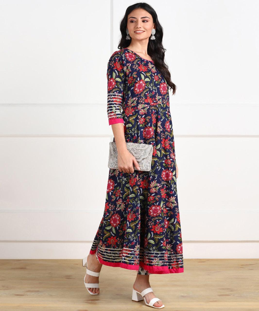 Women's Floral Print Cotton Poly Silk Stitched Anarkali Gown (Blue) 1Pc - Noz2Toz - Indiakreations