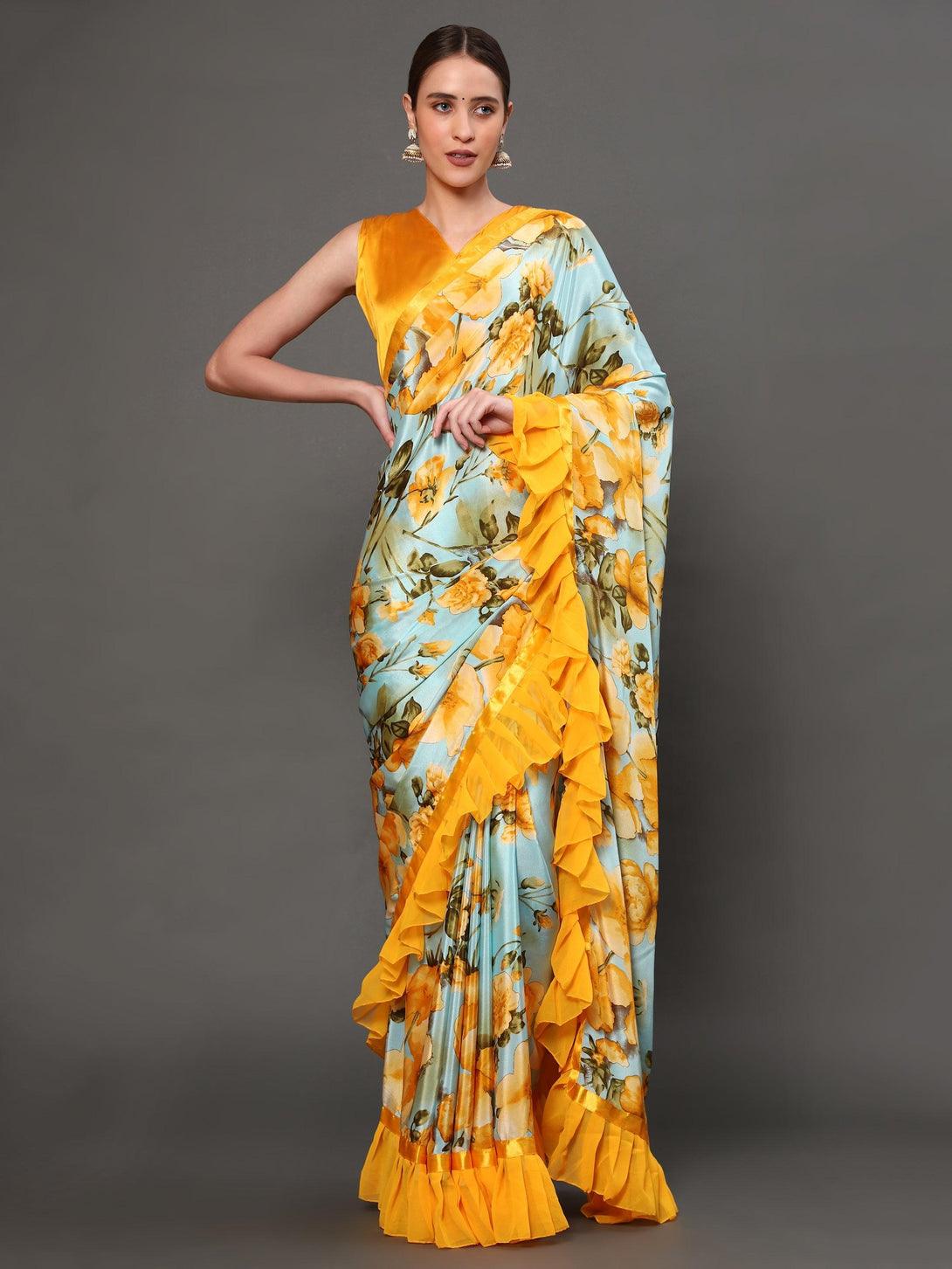 Women's Yellow Color Beautiful Ethnic Wear Printed Saree with fancy lace - AAISHREE - Indiakreations