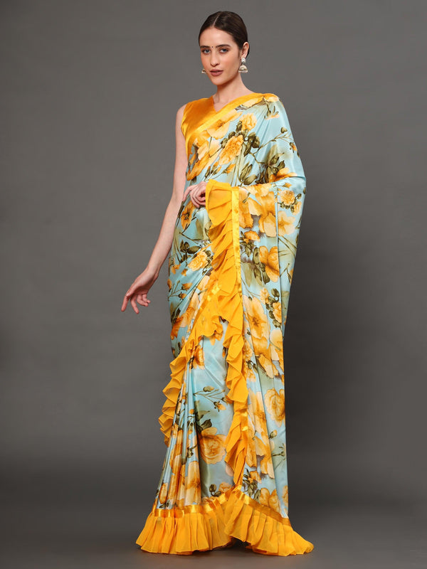 Women's Yellow Color Beautiful Ethnic Wear Printed Saree with fancy lace - AAISHREE - Indiakreations