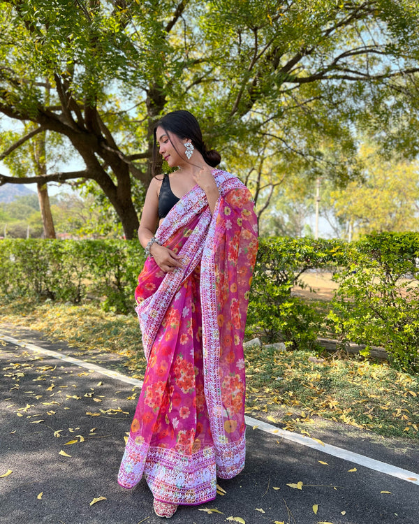 Women's Pink Digital Printed Saree - VAMSEE