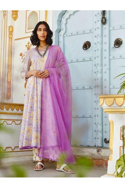 Purple White Anarkali Set - Indiakreations