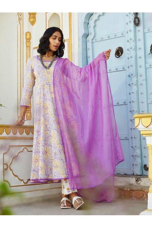 Purple White Anarkali Set - Indiakreations