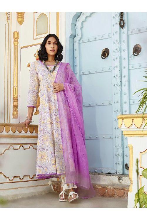 Purple White Anarkali Set - Indiakreations