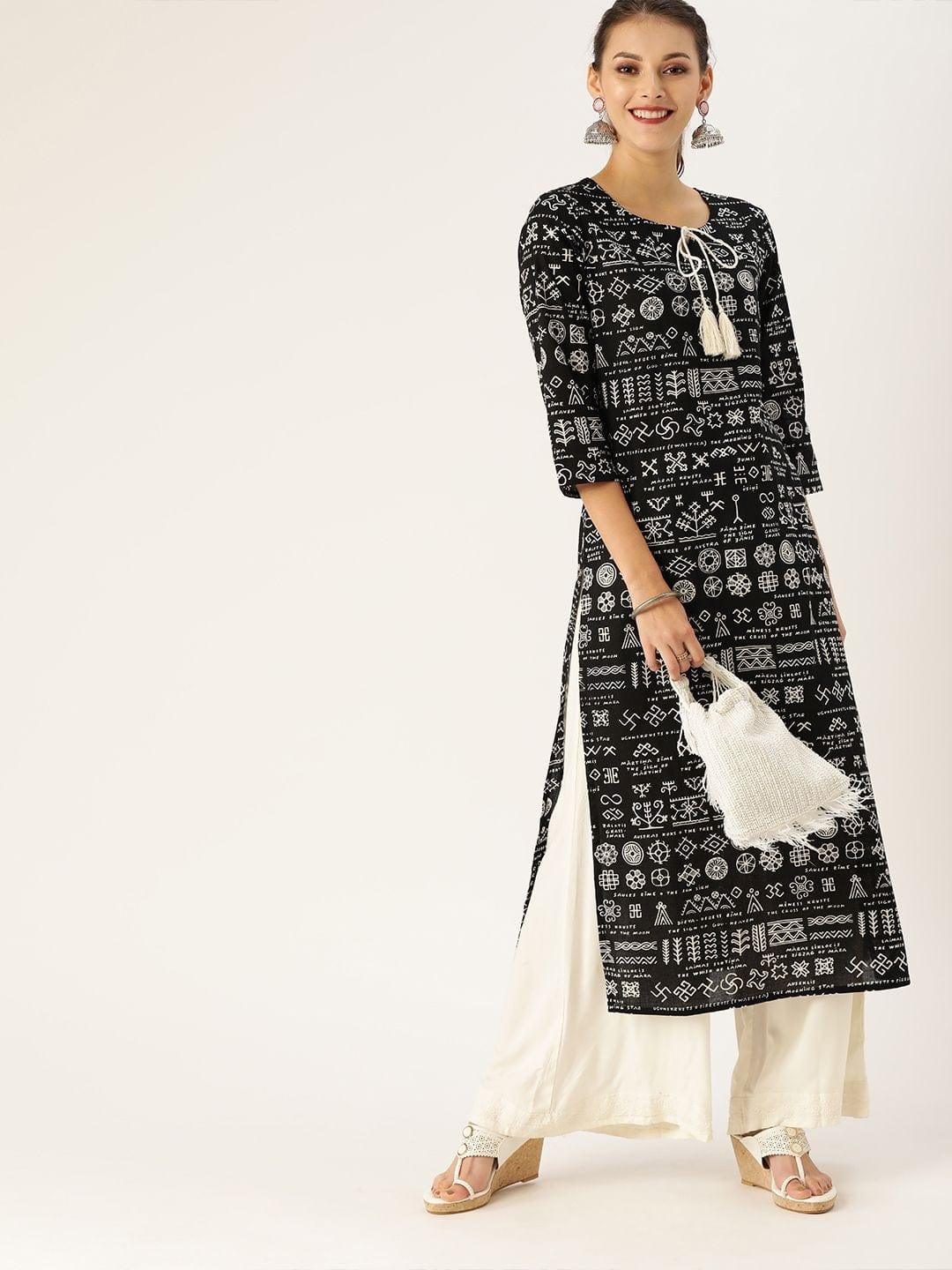 Women Black & White Printed Straight Kurta - Indiakreations