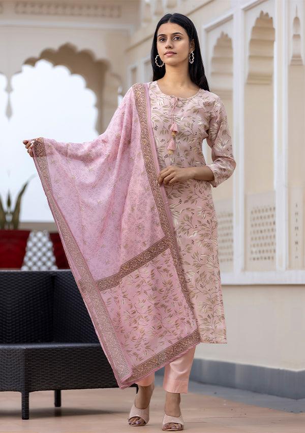 Pink Floral Print Modal Silk Suit Set - Indiakreations