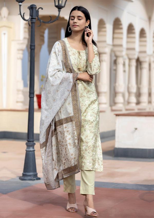 Green Floral Print Modal Silk Suit Set - Indiakreations