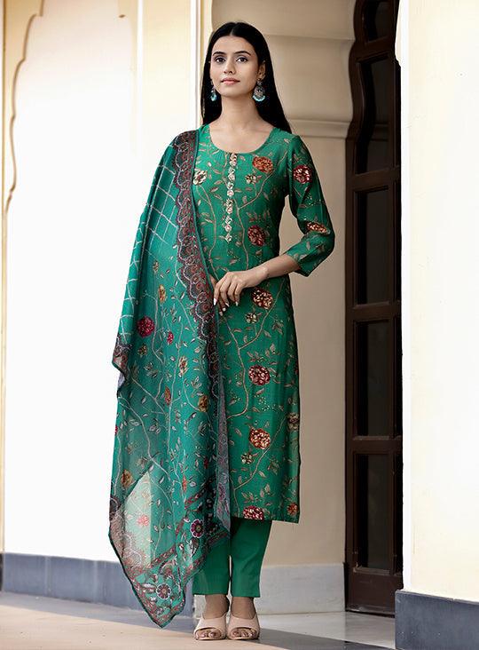 Women's Green Modal Silk Printed Kurta Set With Trouser and Dupatta - Indiakreations