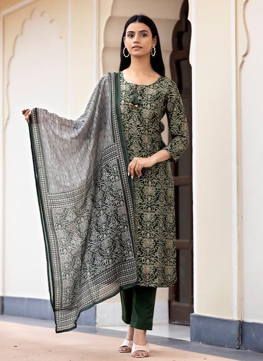 Women's Green Bandhej Print Modal Silk Kurta Pant Set With Dupatta - Indiakreations