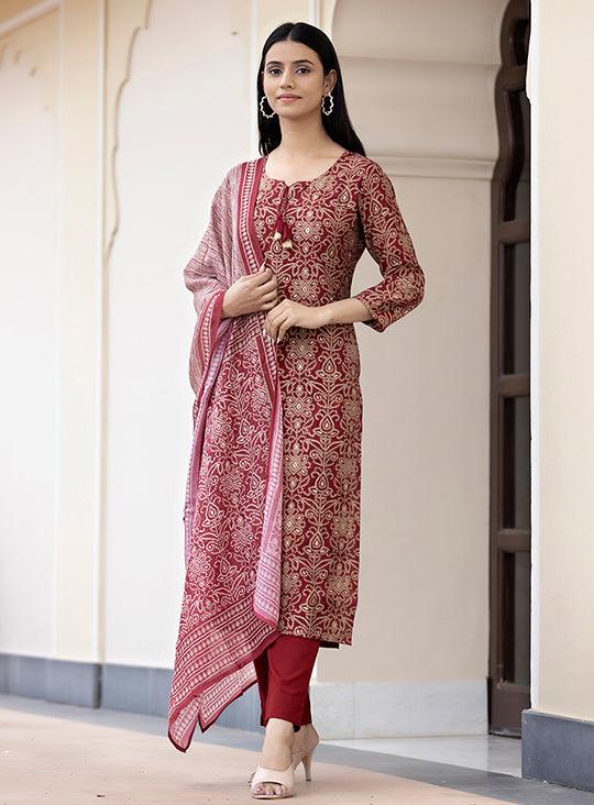 Women's Maroon Bandhej Print Modal Silk Kurta Pant Set With Dupatta - Indiakreations