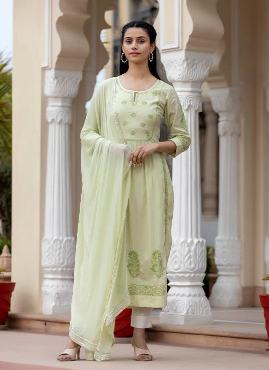 Women's Pista Green Side Slit Lucknow Chikankari Kurta Pant Set With Dupatta - Indiakreations