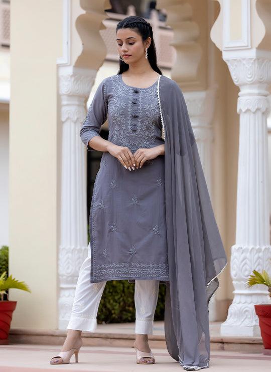 Women's Grey Lucknow Chikankari Kurta Pant Set With Dupatta - Indiakreations