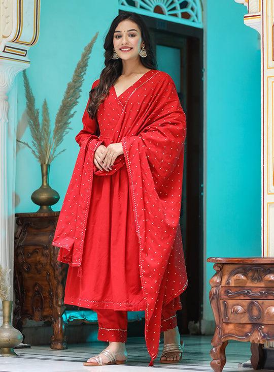 Red Embroidered Angrakha Kurta Set With Trouser and Dupatta - Indiakreations