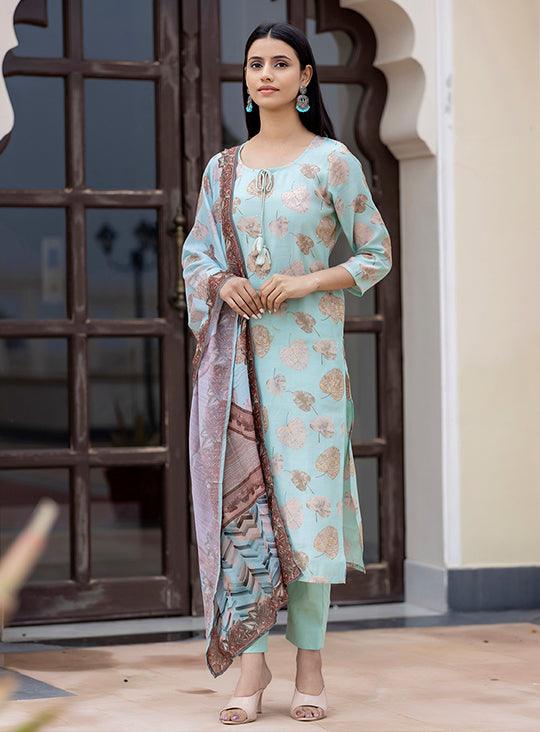 Women's Green Modal Silk Printed Kurta Pant Set With Dupatta - Indiakreations