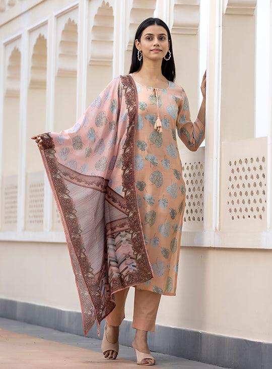 Women's Peach Modal Silk Printed Kurta Pant Set With Dupatta - Indiakreations