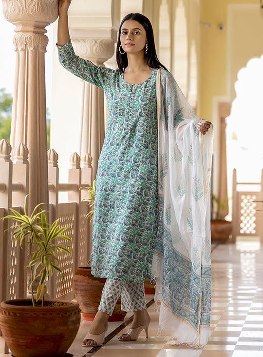 Women's Blue Green Cotton Handblock Kurta Pant Set With Dupatta - Indiakreations