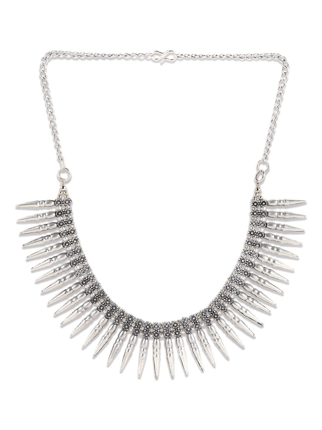 Women's Silver-Plated Spiked Oxidised Tribal Necklace - Jazz and Sizzle - Indiakreations