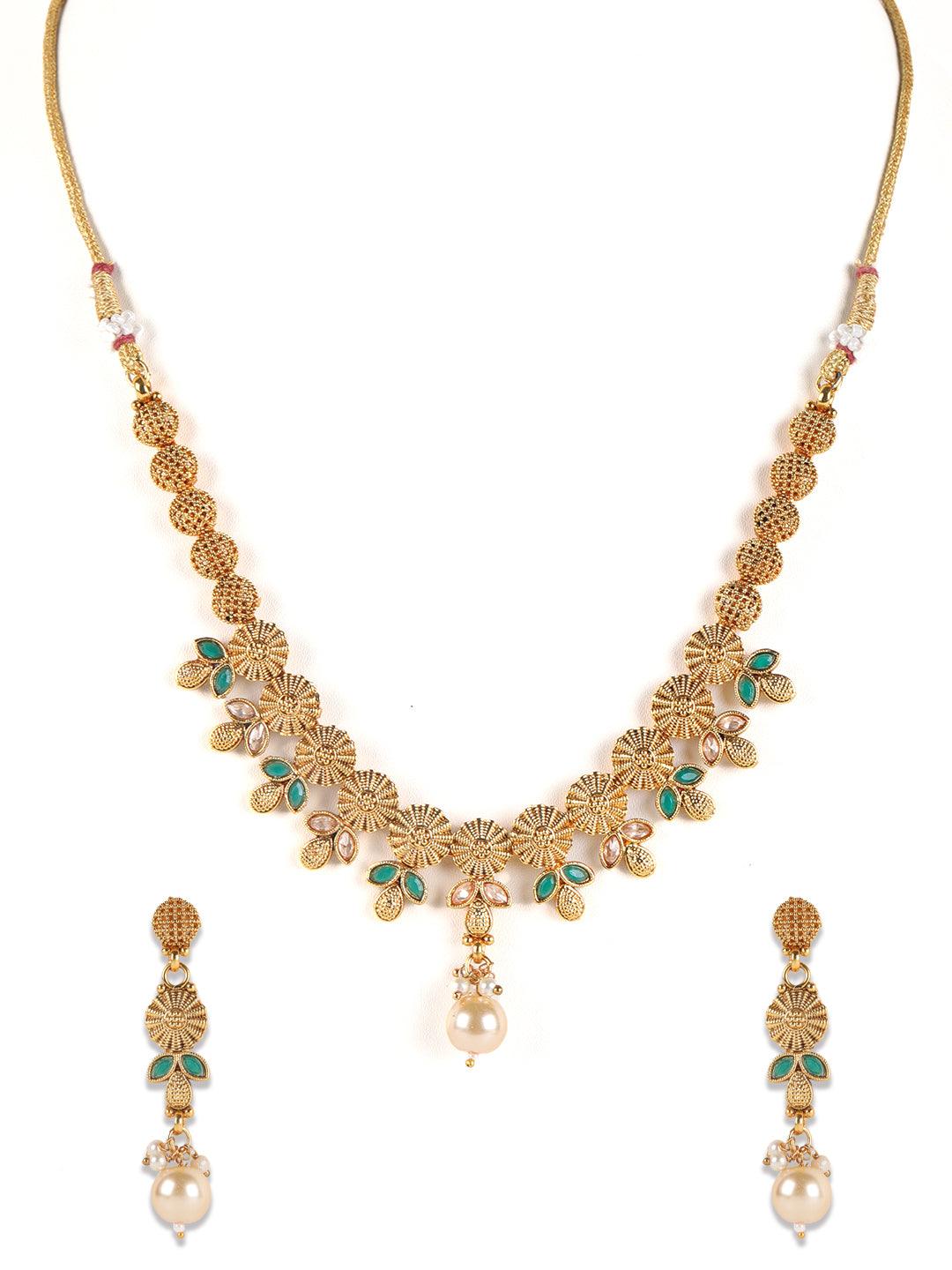 Women's Gold-Plated & Green Stone Studded Handcrafted Jewellery Set - Jazz and Sizzle - Indiakreations