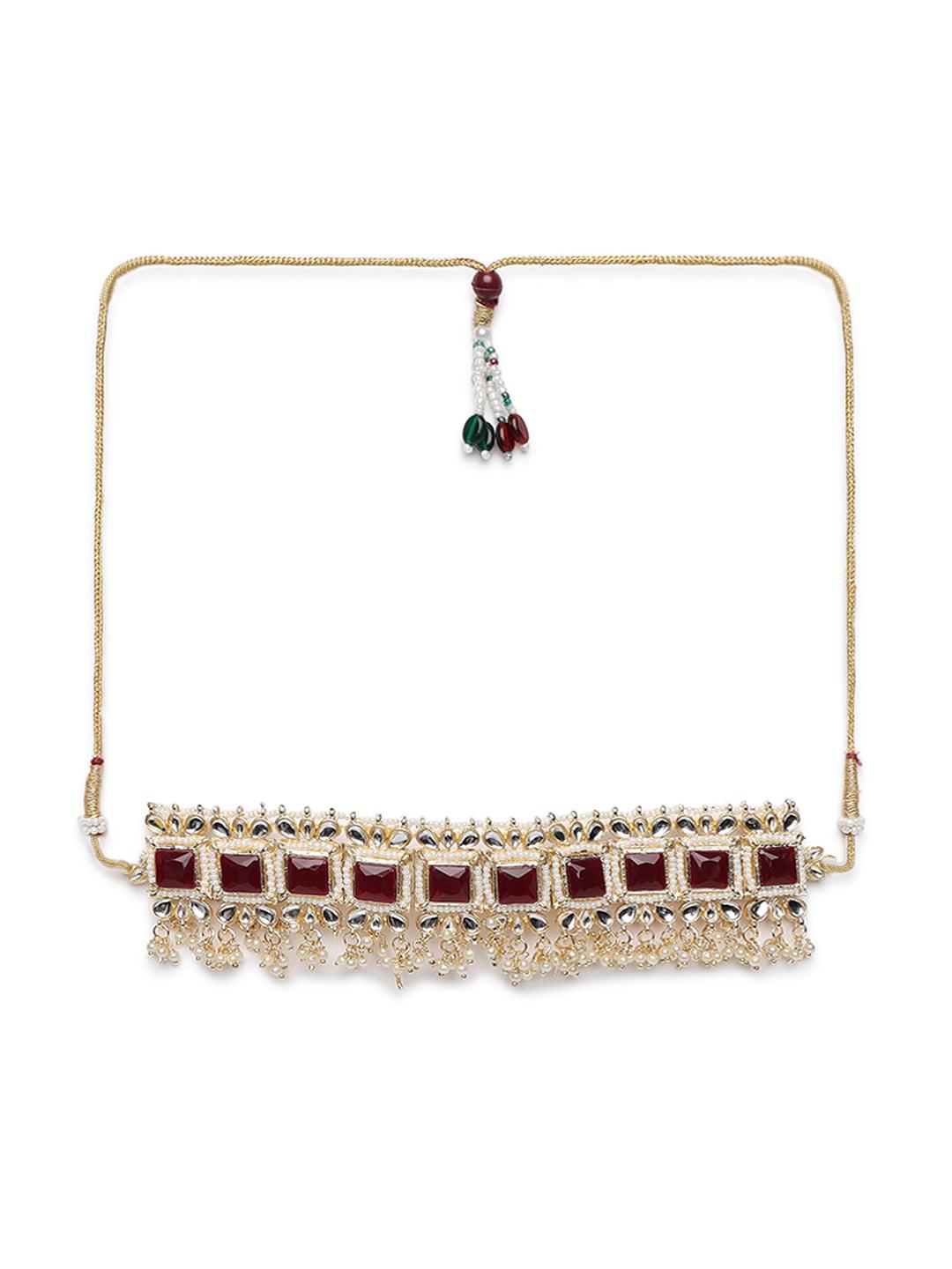 Women's Gold-Plated Mahroon & White Kundan Studded Handcrafted Jewellery Set - Jazz and Sizzle - Indiakreations