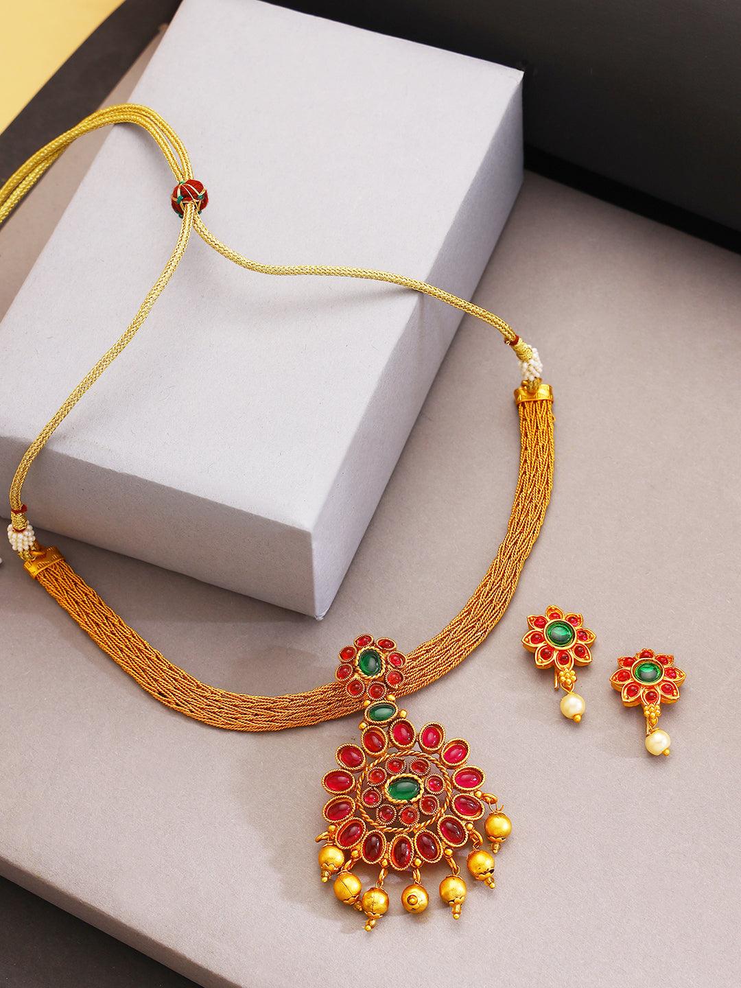 Women's Gold-Plated Pink & Green Stone-Studded & Beaded Handcrafted Jewellery Set - Jazz and Sizzle - Indiakreations