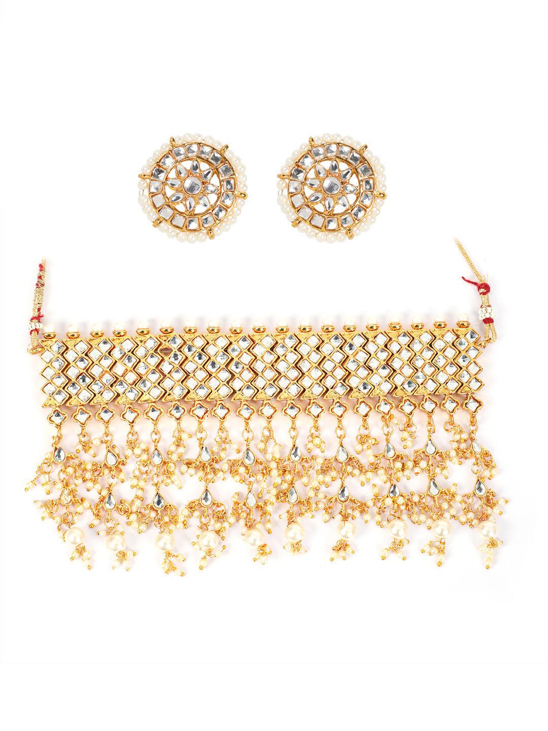 Women's Gold-Plated & White Kundan-Studded & Beaded Jadau Jewellery Set - Jazz and Sizzle - Indiakreations