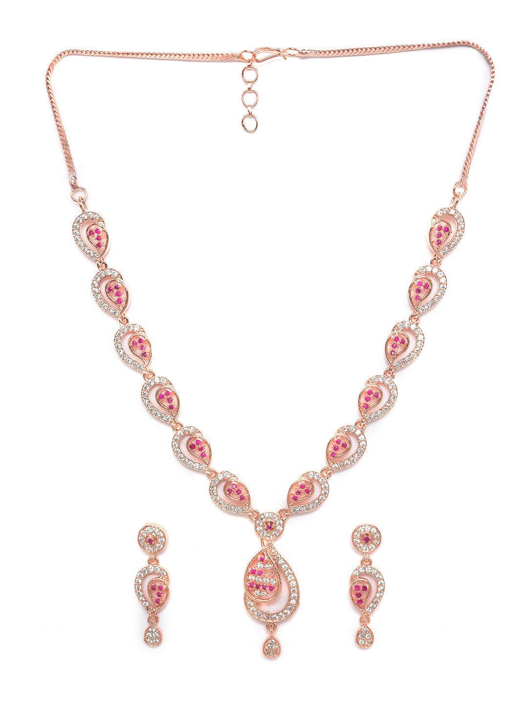 Women's Rose Gold-Plated Ruby AD-Studded Handcrafted Floral Jewellery Set - Jazz And Sizzle - Indiakreations