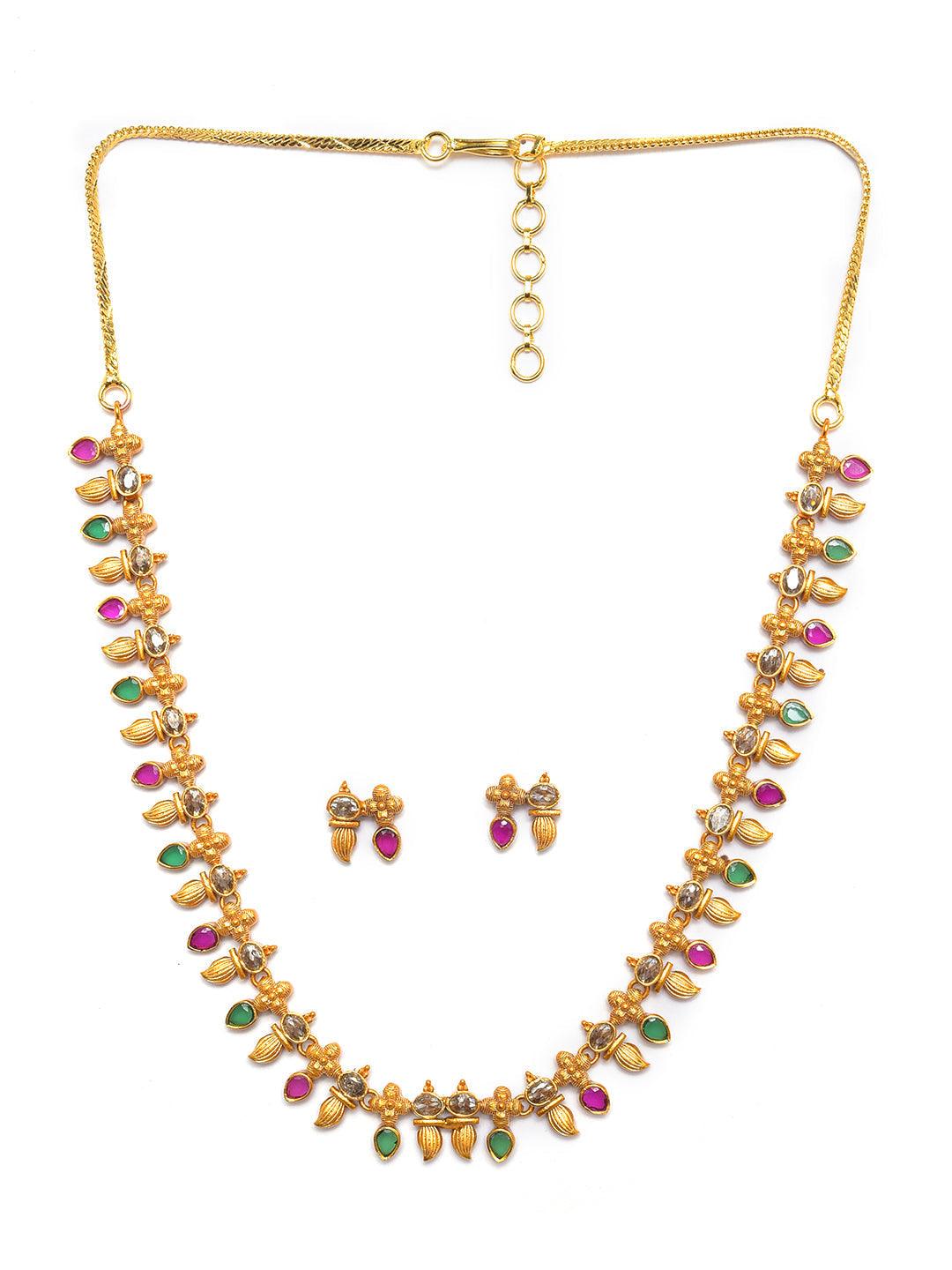 Women's Antique Gold-Plated American Diamond Studded Pink Jewellery Set - Jazz And Sizzle - Indiakreations