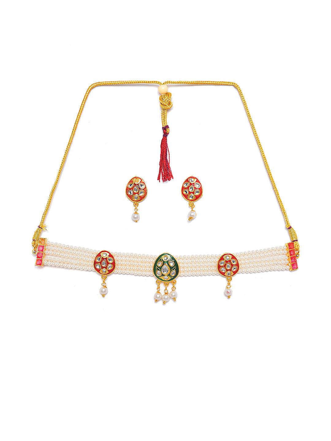 Women's Gold-Plated White Kundan-Studded & Beaded Jewellery Set - Jazz And Sizzle - Indiakreations